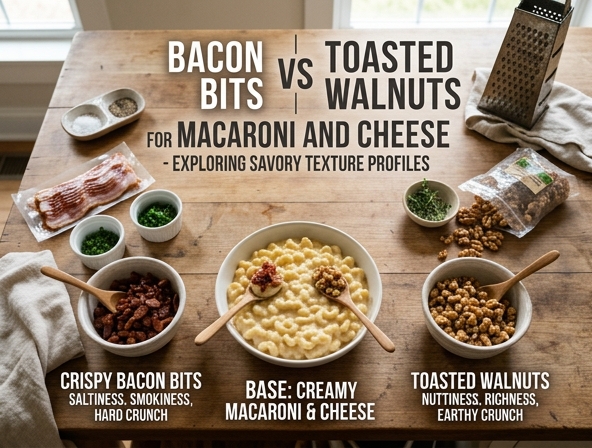 Bacon Bits vs Toasted Walnuts for Macaroni and Cheese - Exploring Savory Texture Profiles