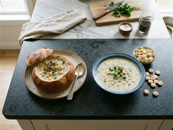 Bread Bowl vs Oyster Crackers for Clam Chowder - Comparing Serving Presentation