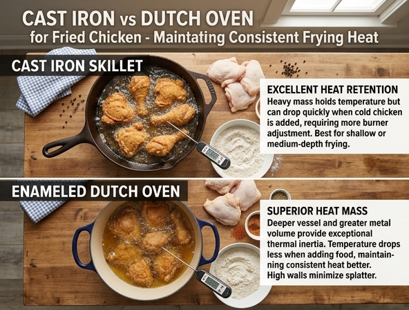 Cast Iron vs Dutch Oven for Fried Chicken - Maintaining Consistent Frying Heat