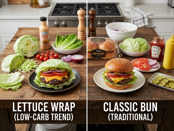 Lettuce Wrap Vs. Classic Bun For Burger - Modern Low-Carb Trends