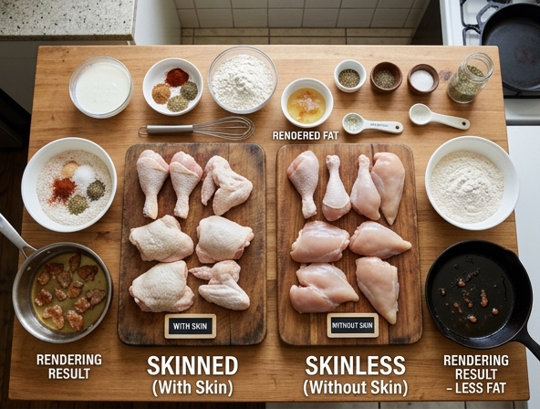 Skinned vs Skinless Chicken for Fried Chicken - Affecting The Rendering Process